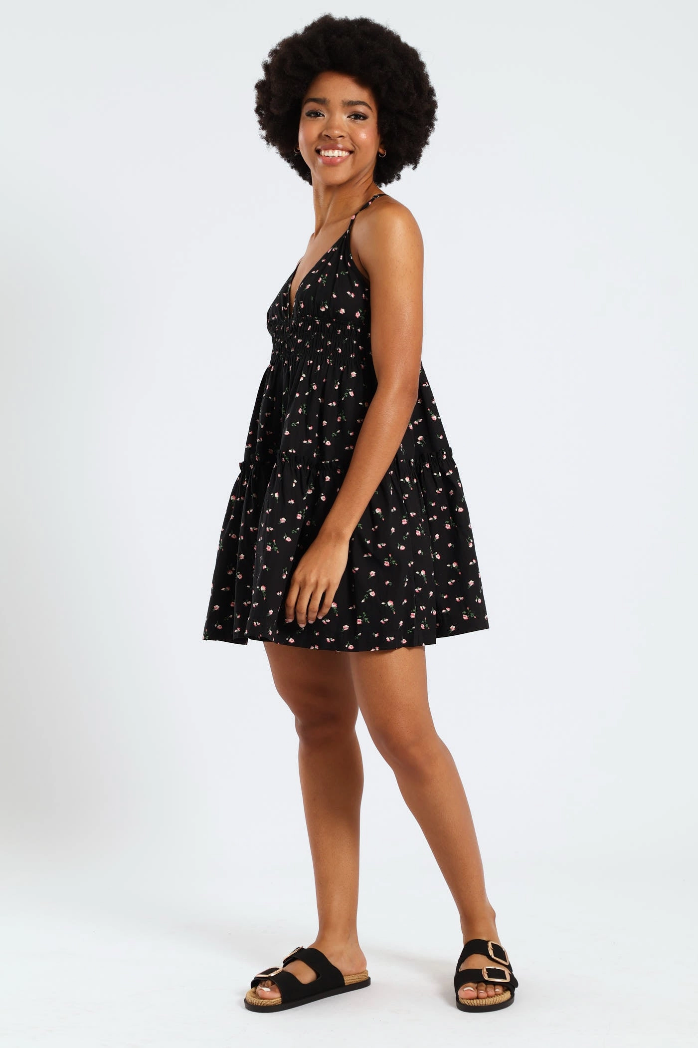 Strappy Babydoll Tiered Dress - Black Church Proper Pastel Sky