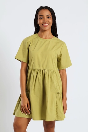 Evening Tone Wrap style Short Sleeve Panelled Tie Back Mini Dress - Green