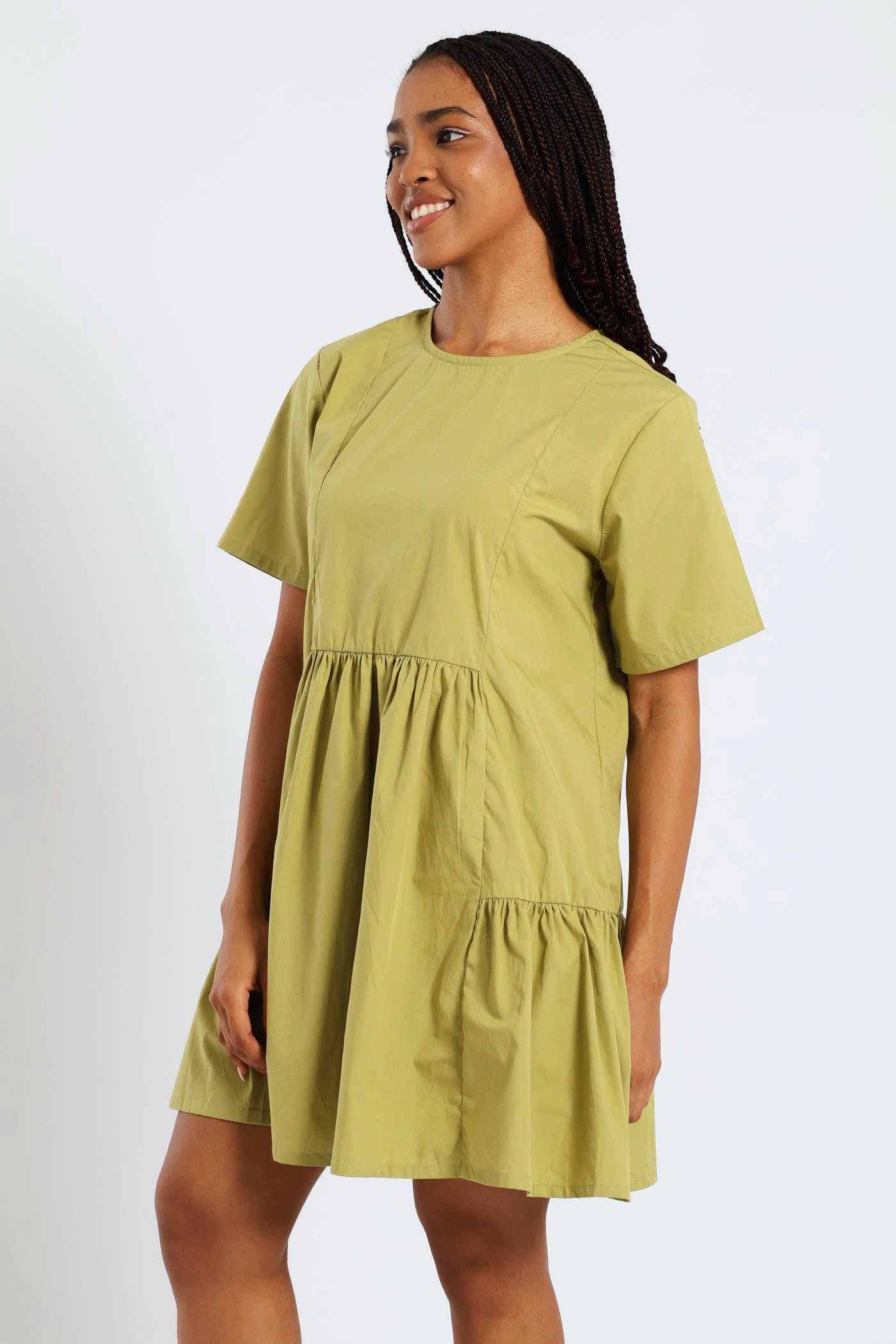 Short Sleeve Panelled Tie Back Mini Dress - Green Crisp Look