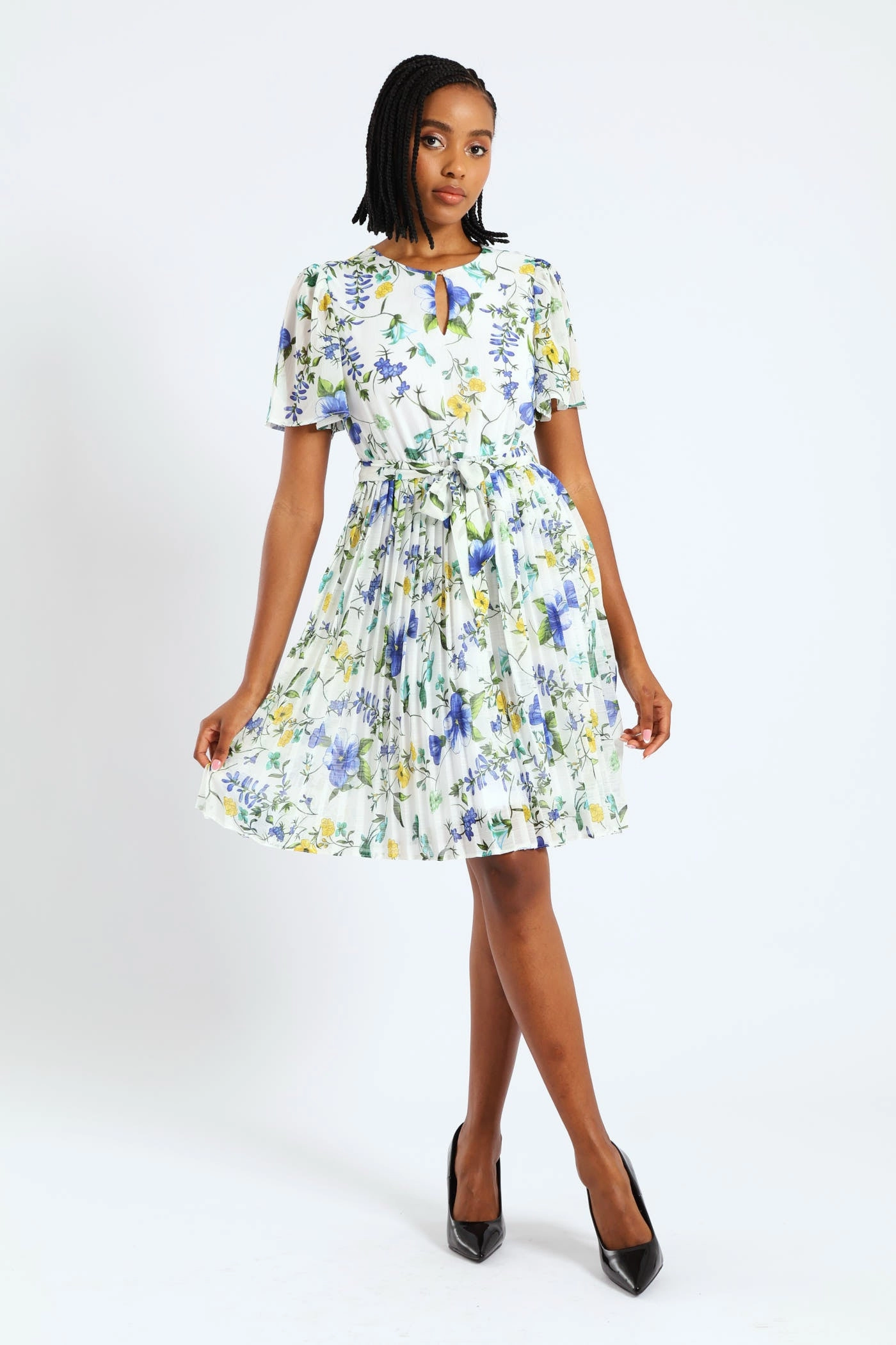 Convertible-Style Feminine Vibe Keyhole Floral Pleated Tea Dress - Blue