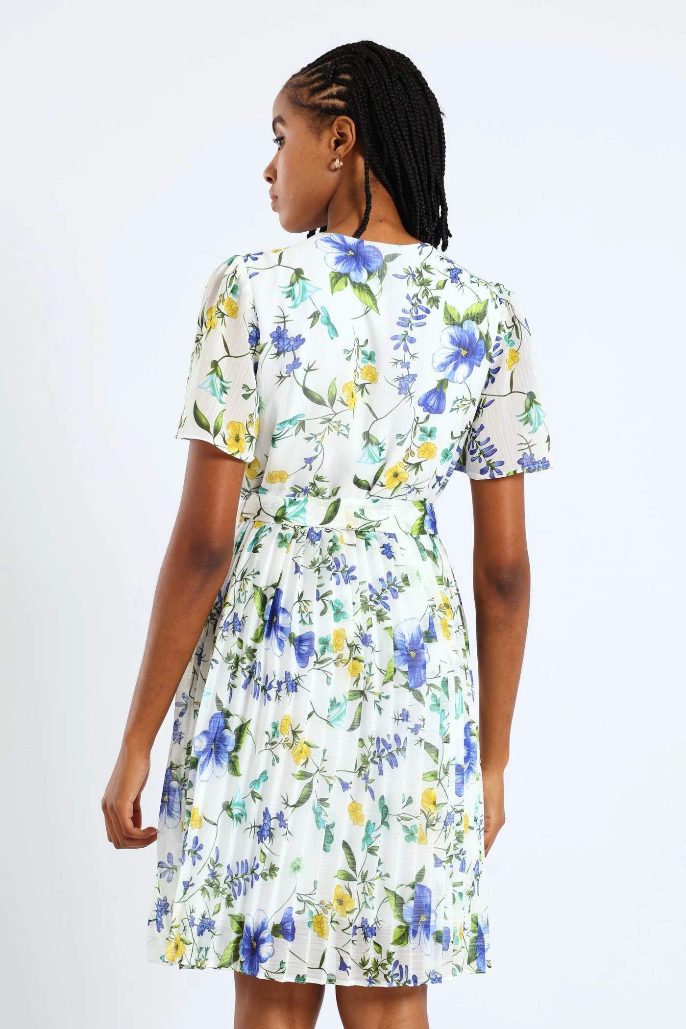 Keyhole Floral Pleated Tea Dress - Blue Feel Good