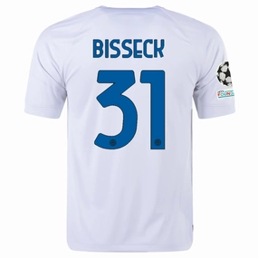 Anti Static Weave Technology Zero Waste Manufacturing Process Nike Inter Milan Yann Aurel Bisseck Away Jersey w/ Champions League   Copa Italia Patches 23/24 (White/Lyon Blue)