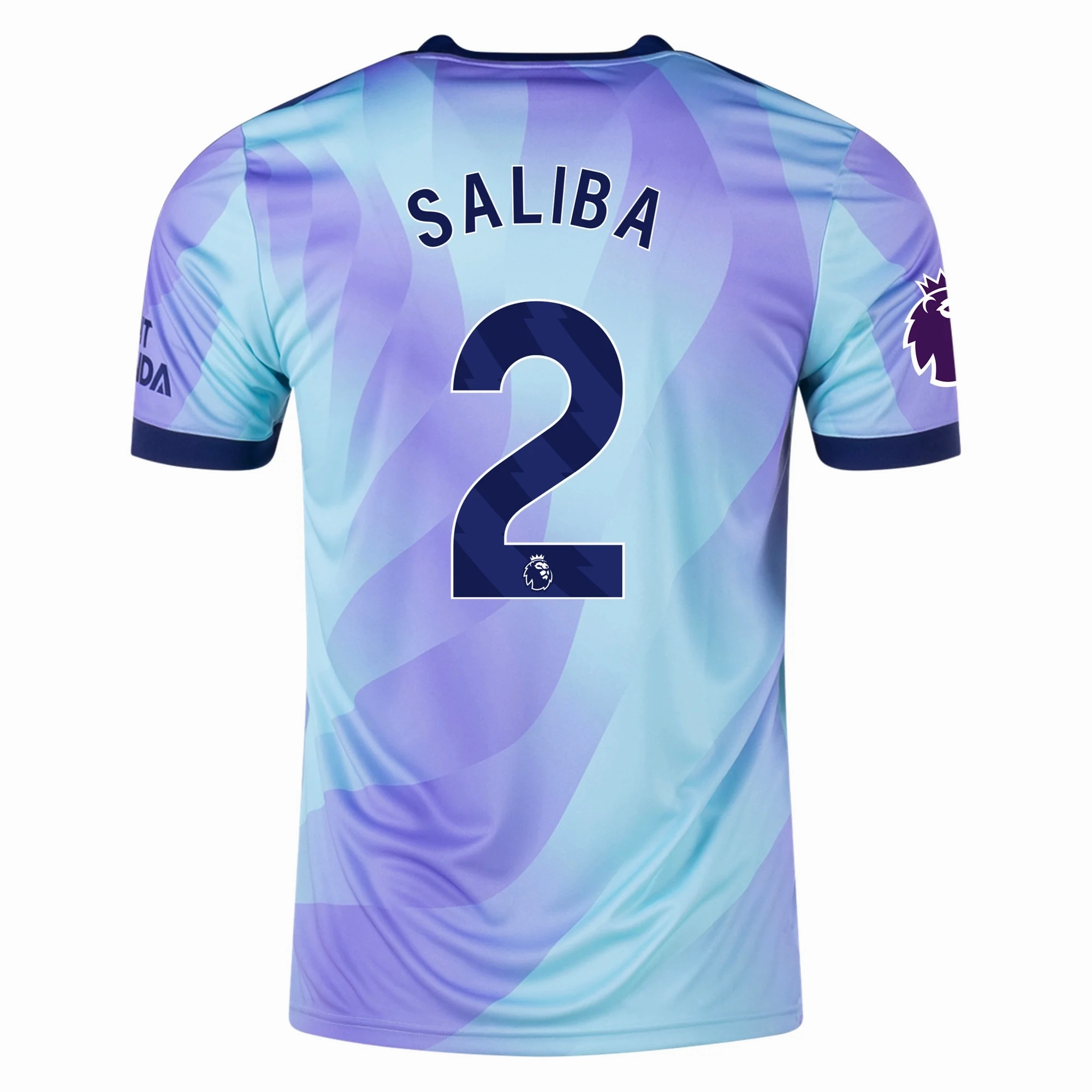 adidas Arsenal William Saliba Third Jersey w/ EPL Patch 24/25 (Clear Aqua/Light Flash Purple) Minimalist Raglan Sleeve Flexible Shoulder Design