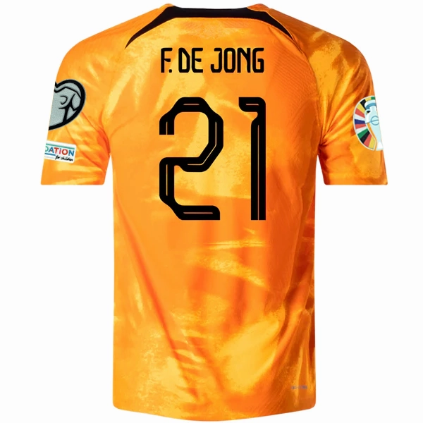 Tensile Strength Fabric Low Friction Texturing Nike Netherlands Frenkie De Jong Home Match Authentic Jersey w/ Euro Qualifying Patches 22/23 (Laser Orange/Black)