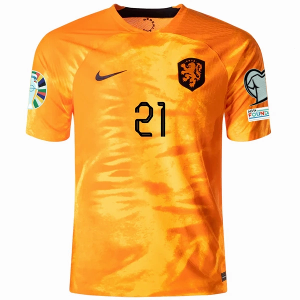 Wear Resistant Reinforcement Nike Netherlands Frenkie De Jong Home Match Authentic Jersey w/ Euro Qualifying Patches 22/23 (Laser Orange/Black)