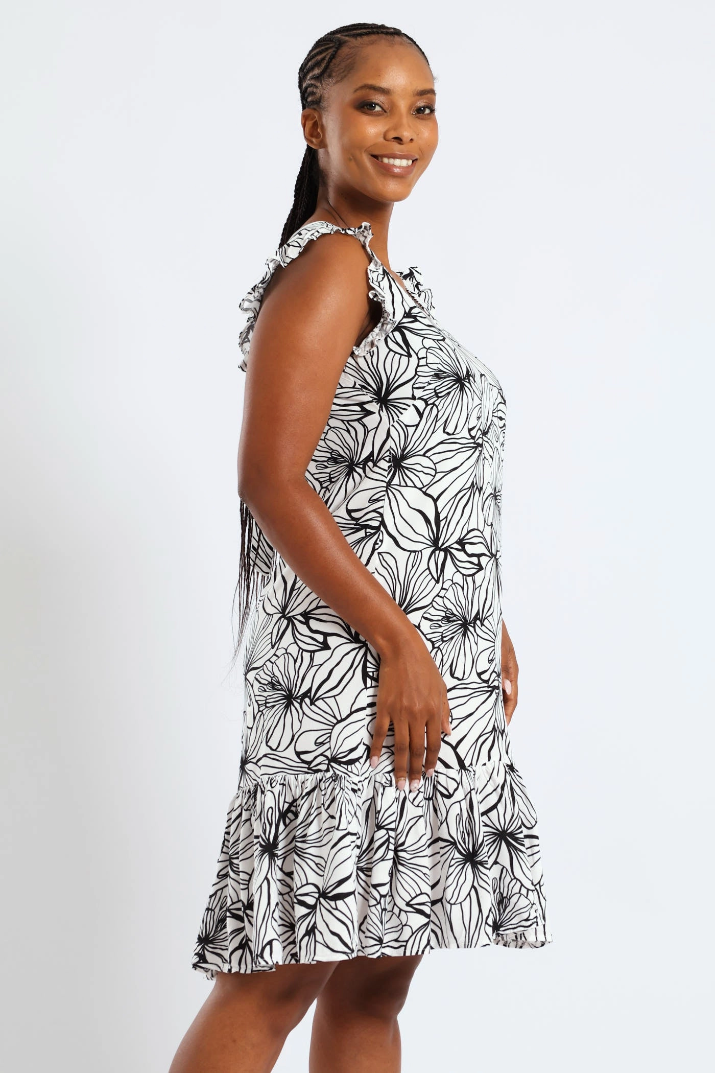 High Hemline V-Neck Frill Sleeve Drop Hem Printed Mini Dress - White/Black