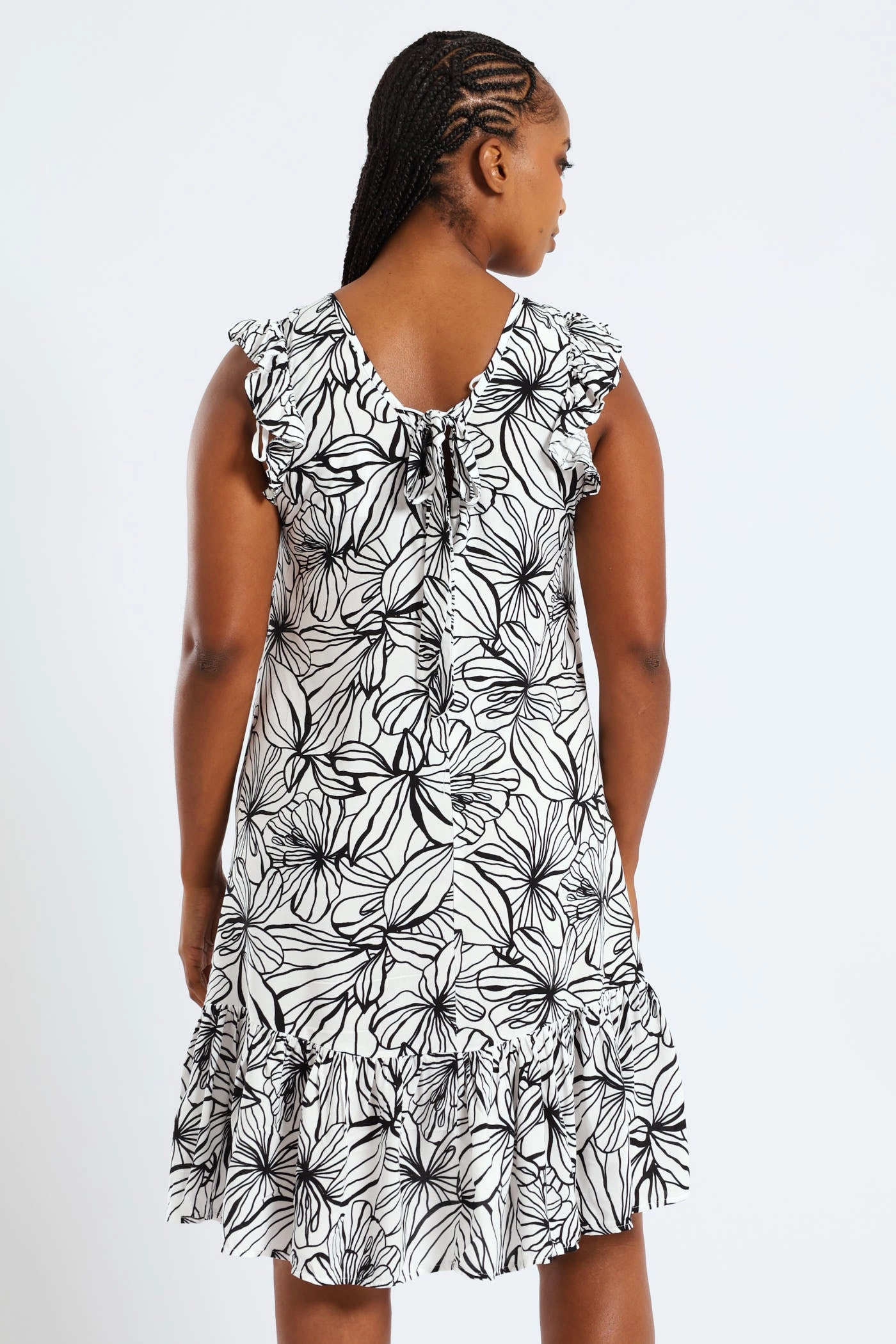 V-Neck Frill Sleeve Drop Hem Printed Mini Dress - White/Black Flowy Layers bold appearance
