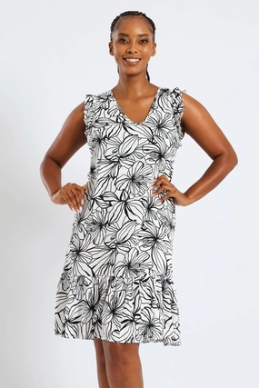 V-Neck Frill Sleeve Drop Hem Printed Mini Dress - White/Black Chill Wear