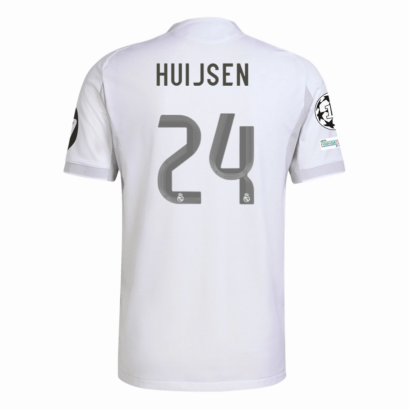adidas Dean Huijsen Real Madrid 25/26 Home Jersey w/ Champions League Patches (White) Raglan Sleeve Cut Action Fit