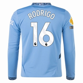Puma Manchester City Rodrigo Home Long Sleeve Jersey w/ EPL   No Room For Racism Patch 24/25 (Team Light/Marine Blue) Anti Fade Technology