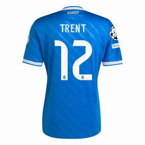 Silent Fit No Slip Grip Finish adidas Trent Alexander-Arnold Men's Real Madrid Third Jersey 25/26 w/ Champions League Patches (Blue/White)
