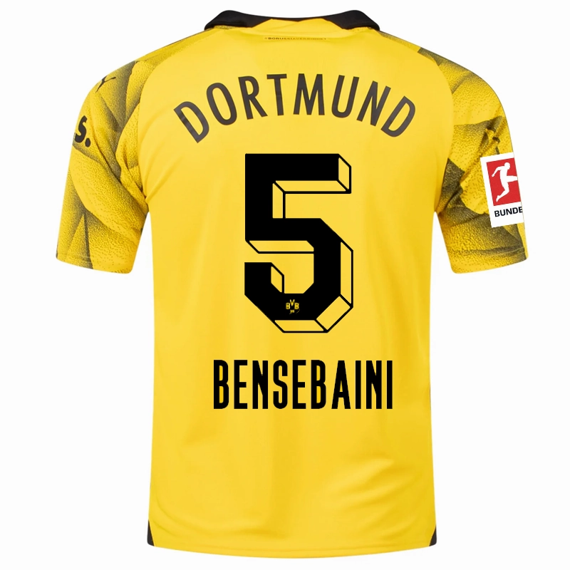 Contrast Binding Trim Puma Mens Borussia Dortmund Ramy Bensebaini Third Jersey w/ Bundesliga Patch 23/24 (Cyber Yellow/Puma Black)