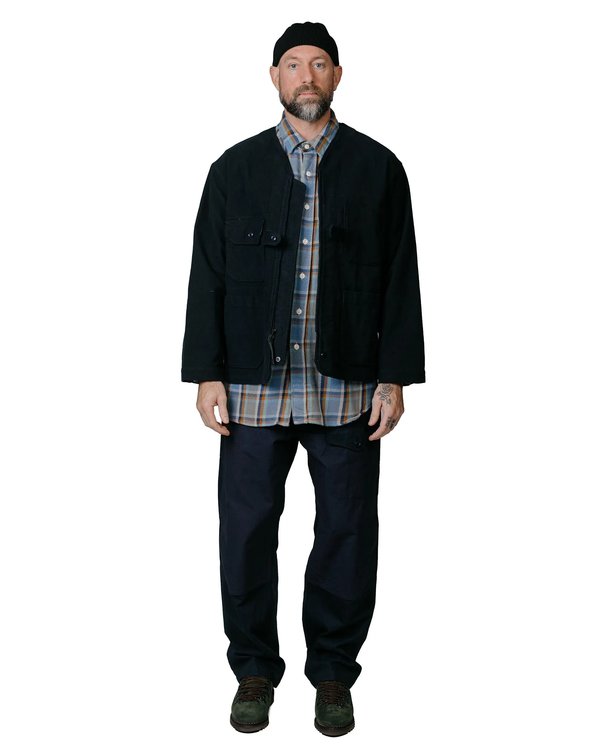 Engineered Garments Work Shirt Blue Cotton Heavy Twill Plaid Flexible Shoulder Panels