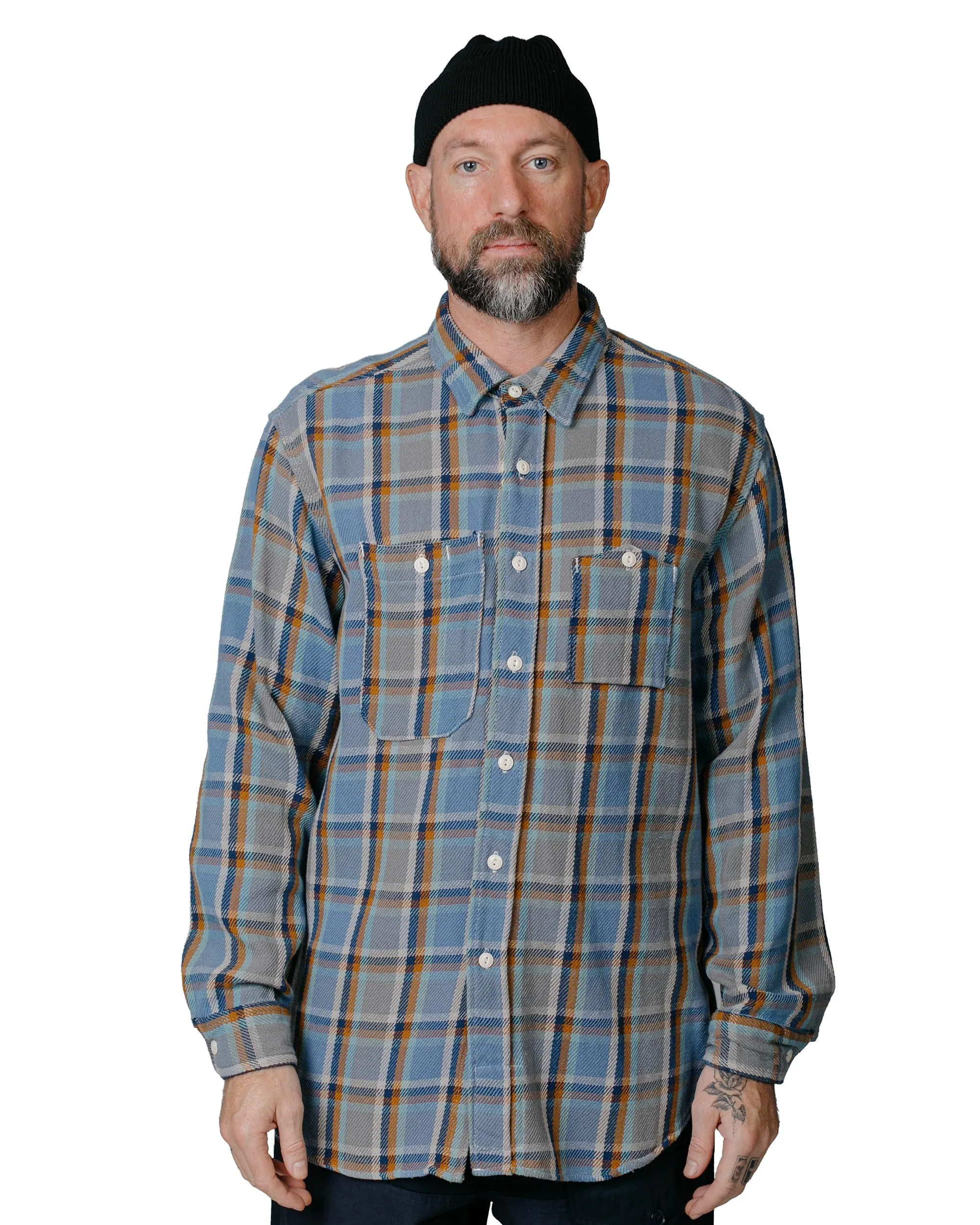 Engineered Garments Work Shirt Blue Cotton Heavy Twill Plaid Lightweight Comfort