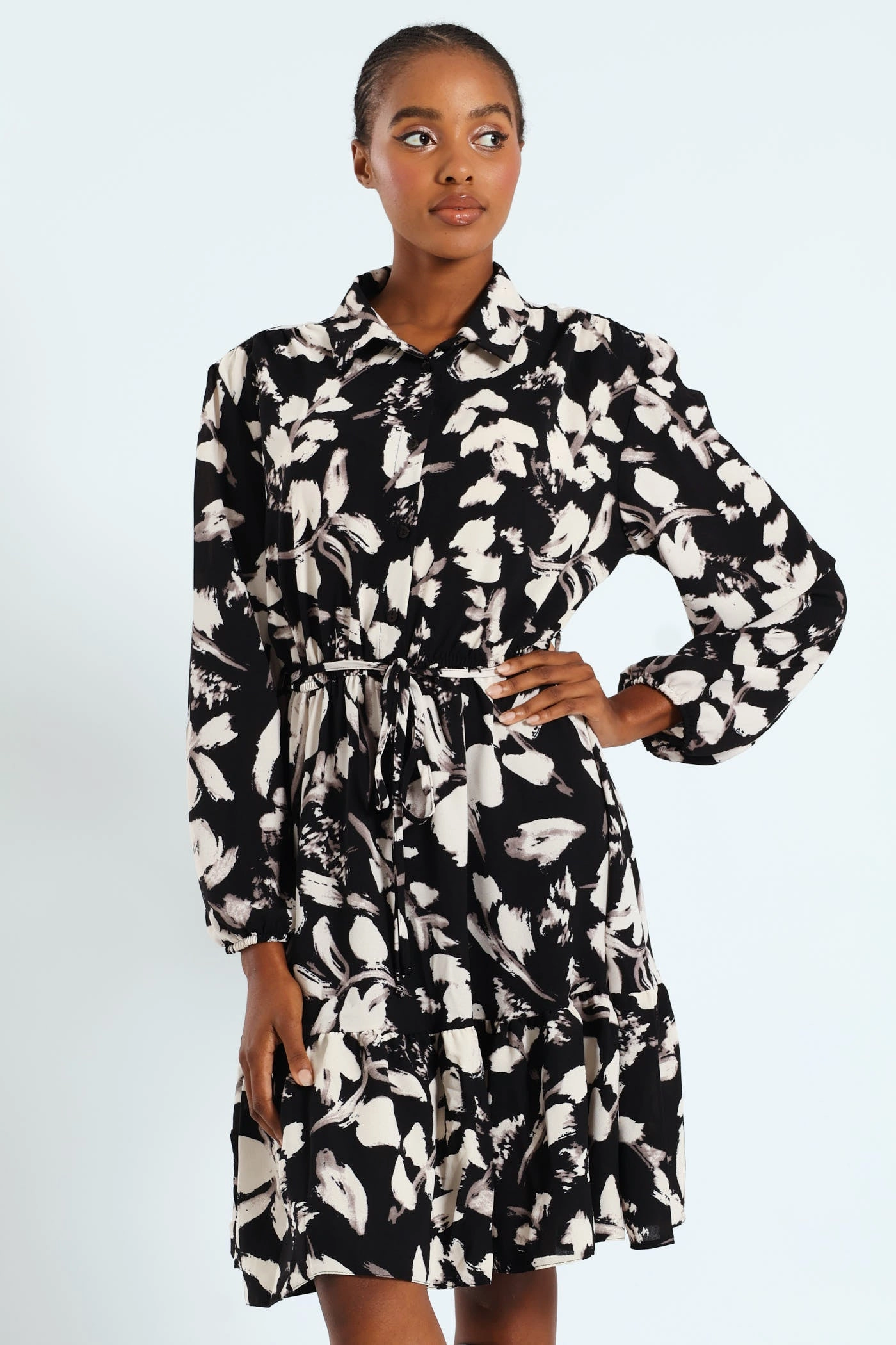 Air Beauty Sophisticated Design Button Through Monochrome Tiered Tea Dress