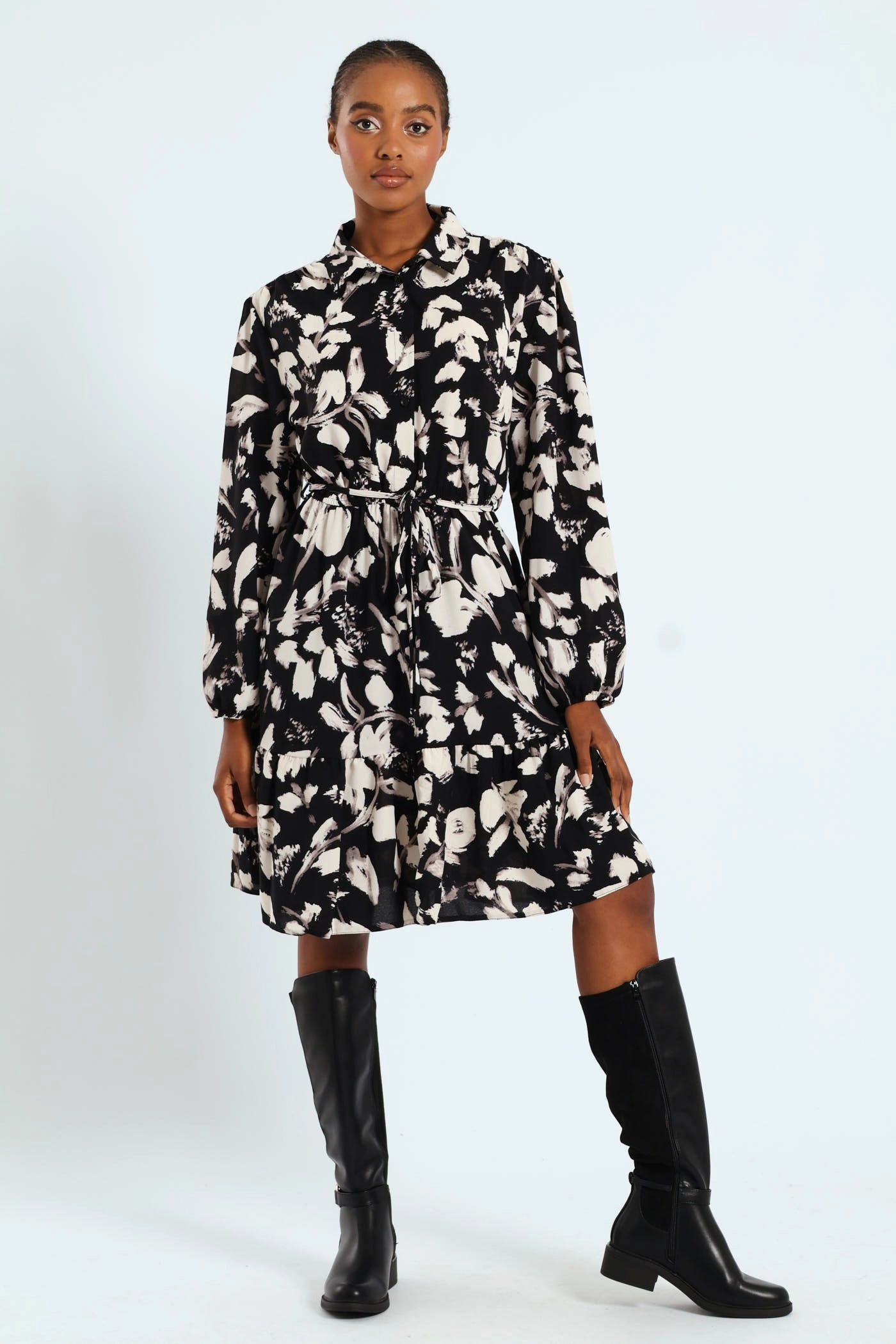 Button Through Monochrome Tiered Tea Dress Scandi Clean Youthful Look