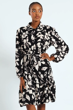Air Beauty Sophisticated Design Button Through Monochrome Tiered Tea Dress