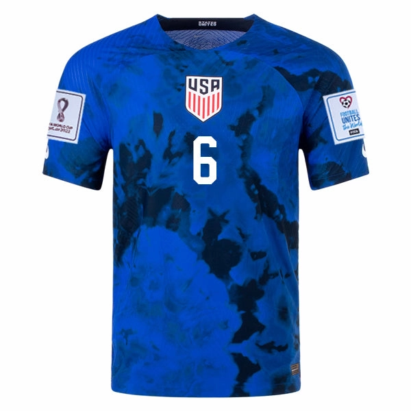Nike United States Musah Authentic Match Away Jersey 22/23 w/ World Cup 2022 Patches (Bright Blue/White) Maximum Comfort Essential Fit