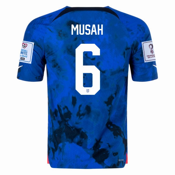 Nike United States Musah Authentic Match Away Jersey 22/23 w/ World Cup 2022 Patches (Bright Blue/White) Durable Double Stitching Ultra Fine Zippers