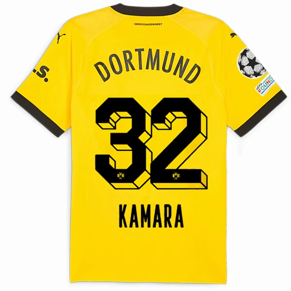 Puma Borussia Dortmund Authentic Kamara Home Jersey w/ Champions League Patches 23/24 (Cyber Yellow/Puma Black) Classic Crew Neck Design Weather Neutral