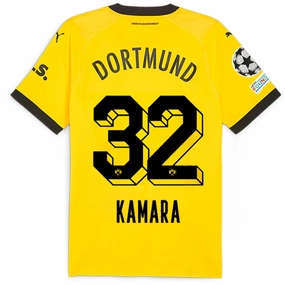 Puma Borussia Dortmund Authentic Kamara Home Jersey w/ Champions League Patches 23/24 (Cyber Yellow/Puma Black) Heat Balance Non Restrictive Cuffing