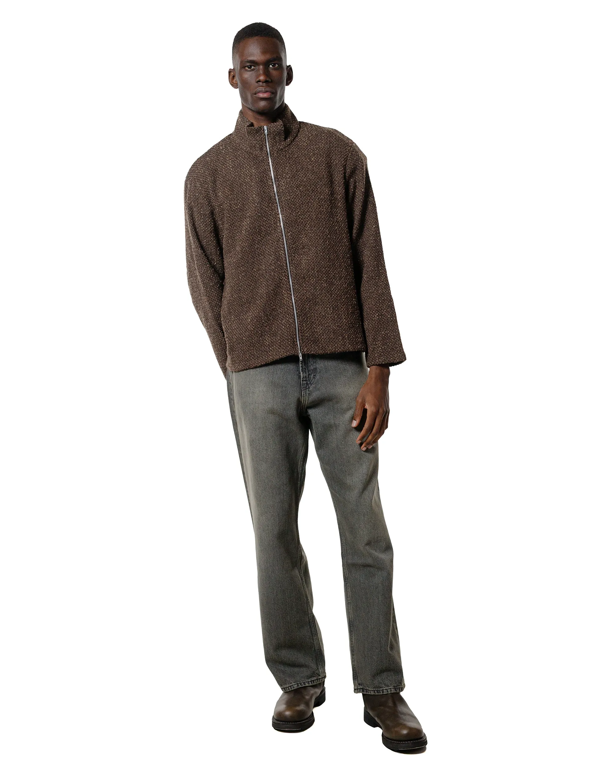 Our Legacy Shrunken Full Zip Polo Brown Sparse Buckle Weave Plaid Design hook accents