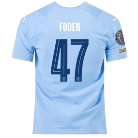 Puma Manchester City Authentic Phil Foden Home Jersey w/ Champions League   Club World Cup Patches 23/24 (Team Light Blue/Puma White) No Drag Airy material