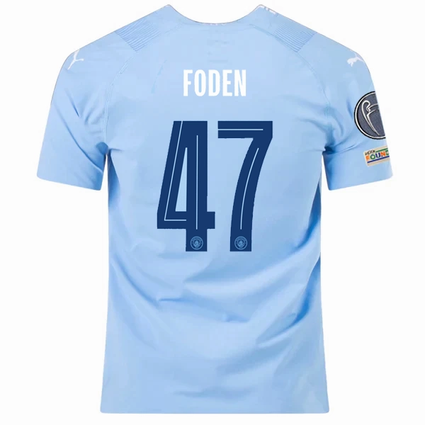 Puma Manchester City Authentic Phil Foden Home Jersey w/ Champions League   Club World Cup Patches 23/24 (Team Light Blue/Puma White) No Drag Airy material