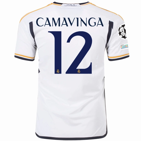 adidas Real Madrid Eduardo Camavinga Home Jersey w/ Champions League   Club World Cup Patches 23/24 (White) Athletic Silicone Trim Tear Resistant Fabric Weave