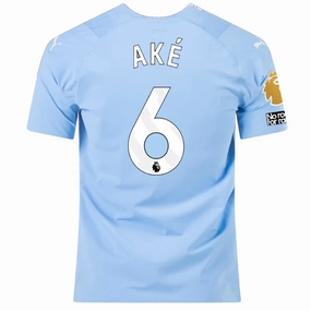 Puma Manchester City Authentic Nathan Ake Home Jersey w/ EPL   No Room For Racism   Club World Cup Patches 23/24 (Team Light Blue/Puma White) Comfort Stretch Fit Recycled Polyester Blend