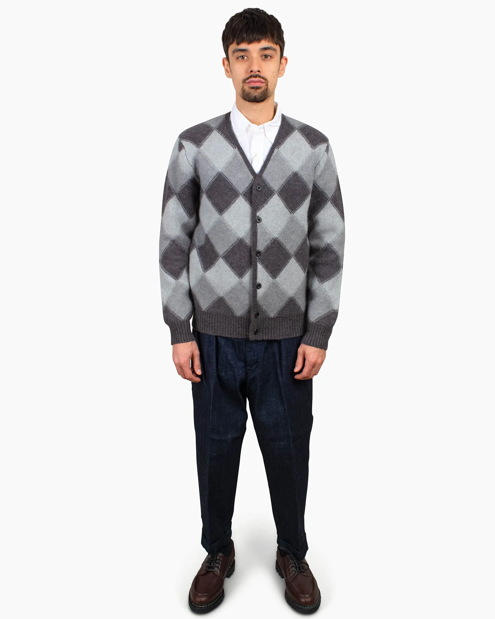 Beams Plus Cardigan Double Jacquard Argyle Pattern Grey All-Day Wear
