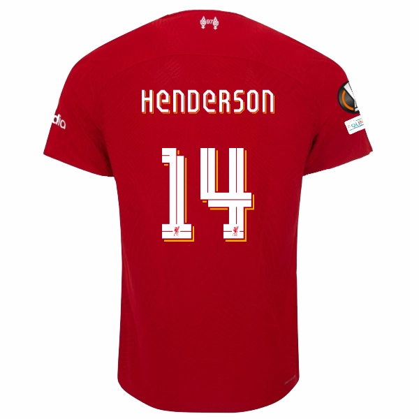 Multi Panel Design Fitted Layer Nike Liverpool Authentic Jordan Henderson Vaporknit Match Home Jersey w/ Europa League Patches 23/24 (Red/White)