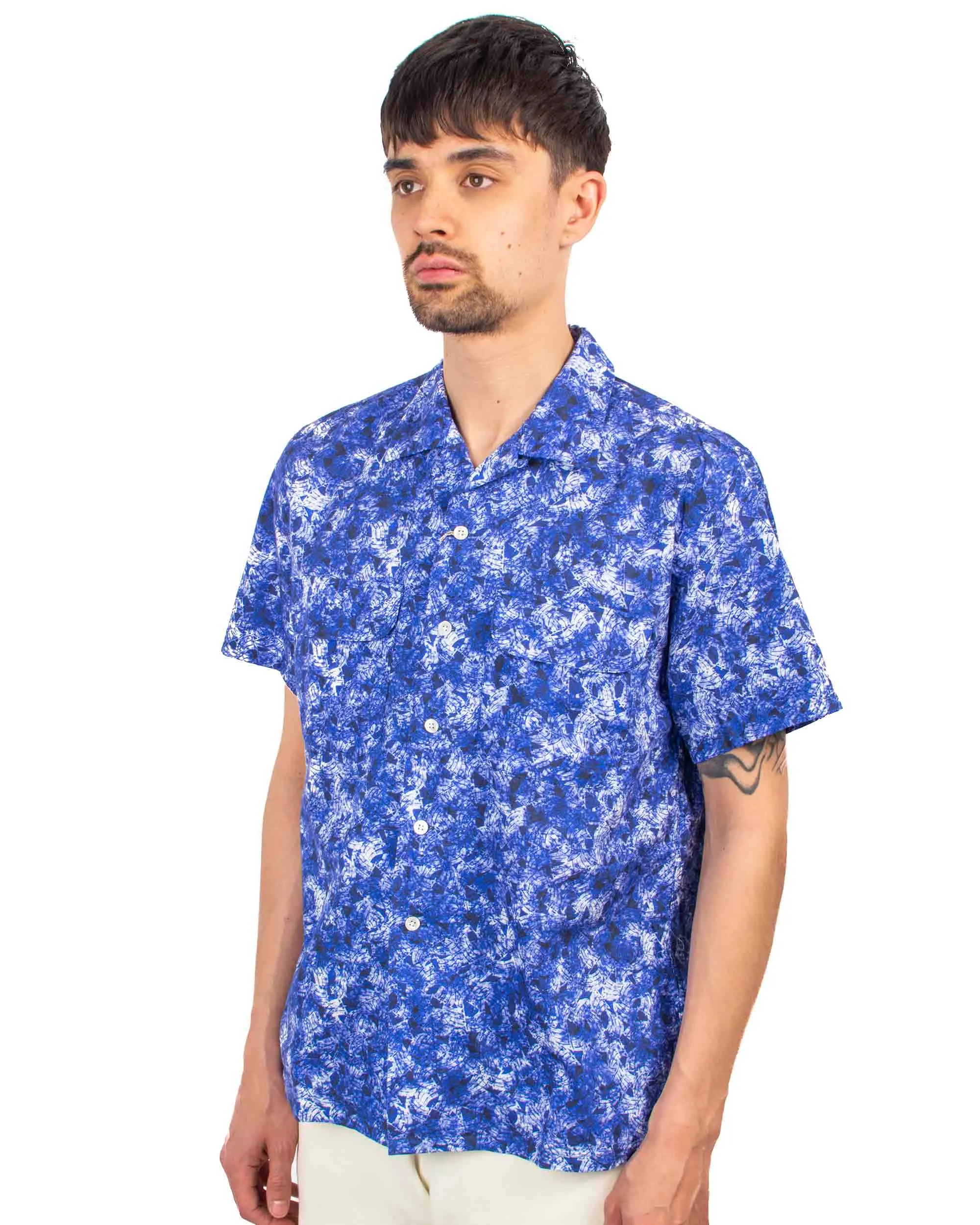Beams Plus Open Collar Short Sleeve 'Kyoto Pattern' Print Sail Pattern Flexible Placket Structure Layered Look
