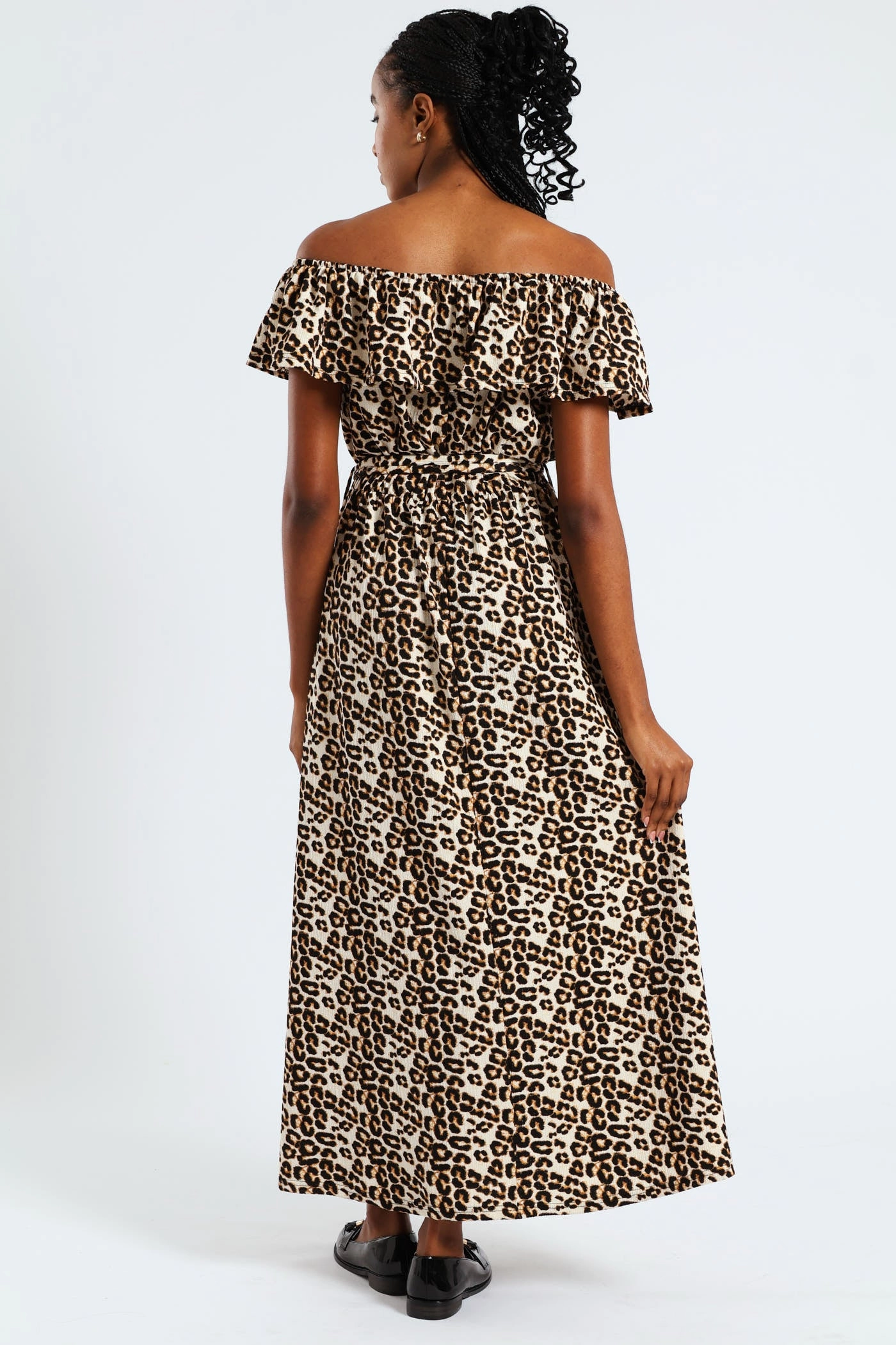 Understated Charm Frill Bardot Self Belted Crinkle Midi Dress - Multi