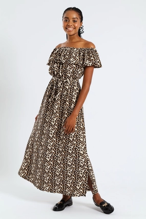 Frill Bardot Self Belted Crinkle Midi Dress - Multi Stylish and Simple Sun-Protective