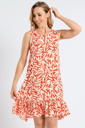 Frill Hem Hi-Lo Printed Shift Mini Dress - White/Orange Transitional-Wear