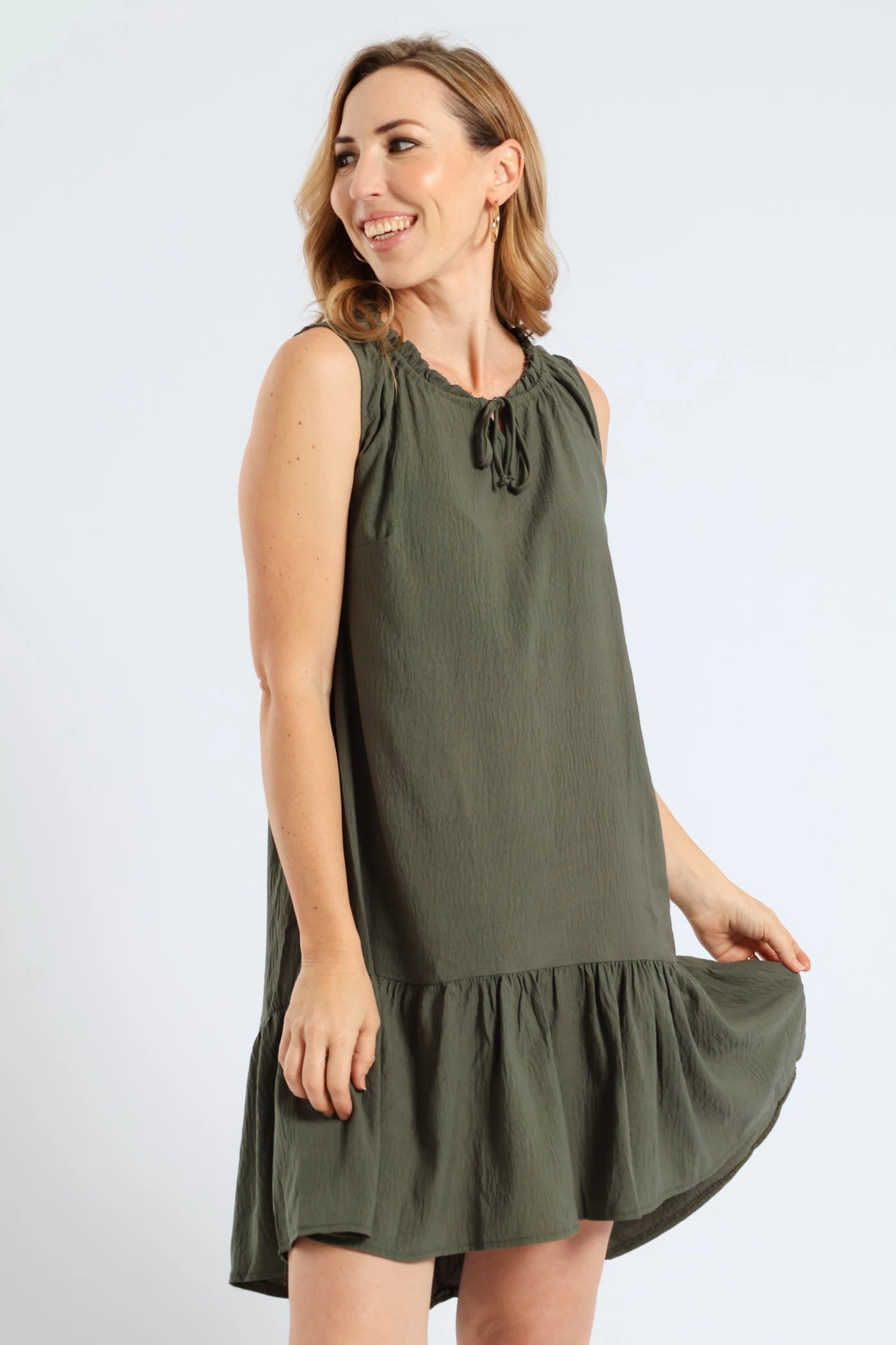 Frill Neck Drop Hem Dress - Light Fatigue Trendy Appeal petite size