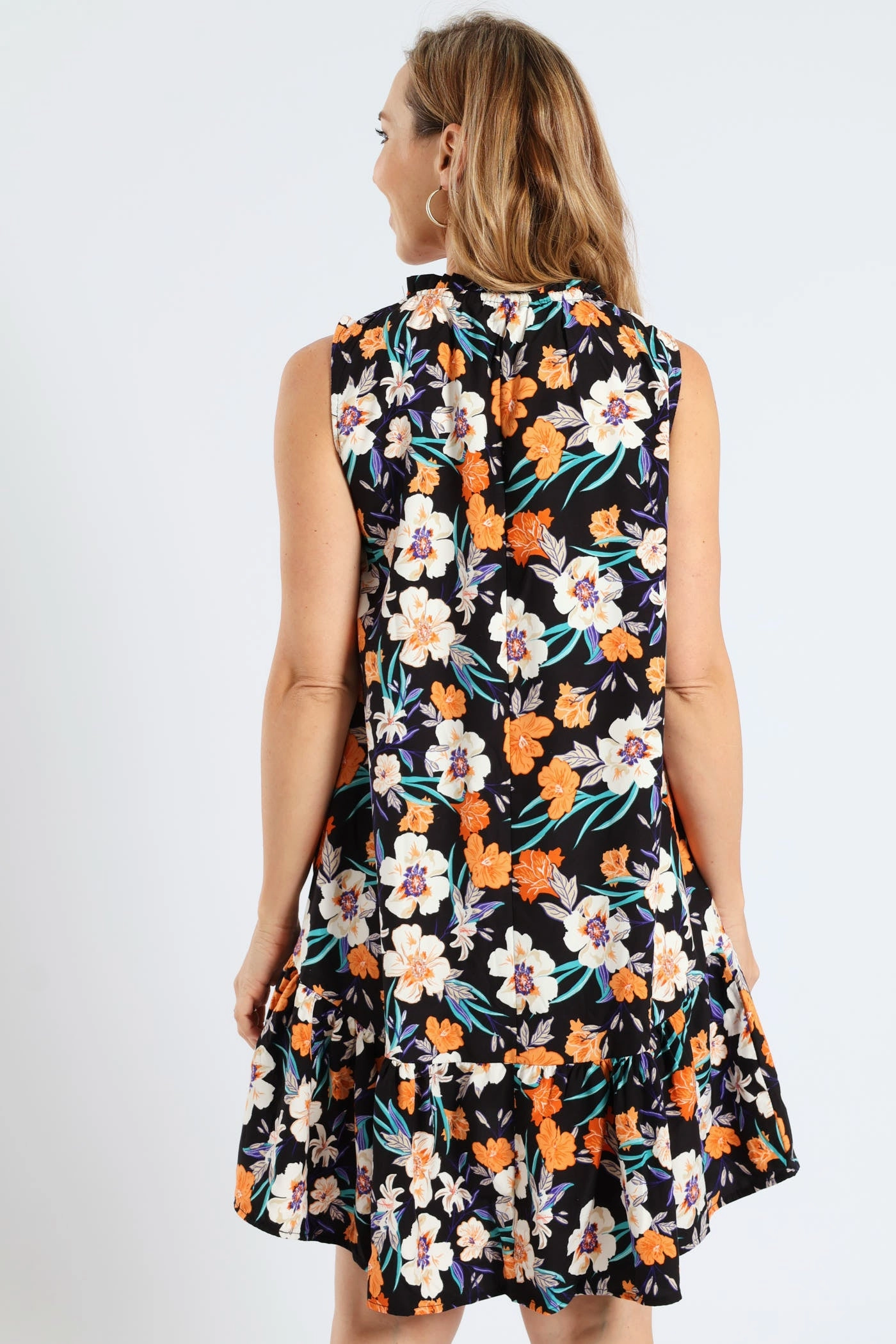 Frill Neck Drop Printed Hem Dress - Black Functional Layer High-Low-Hem
