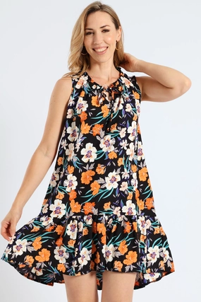 Frill Neck Drop Printed Hem Dress - Black Dress for brunch Balanced Lines
