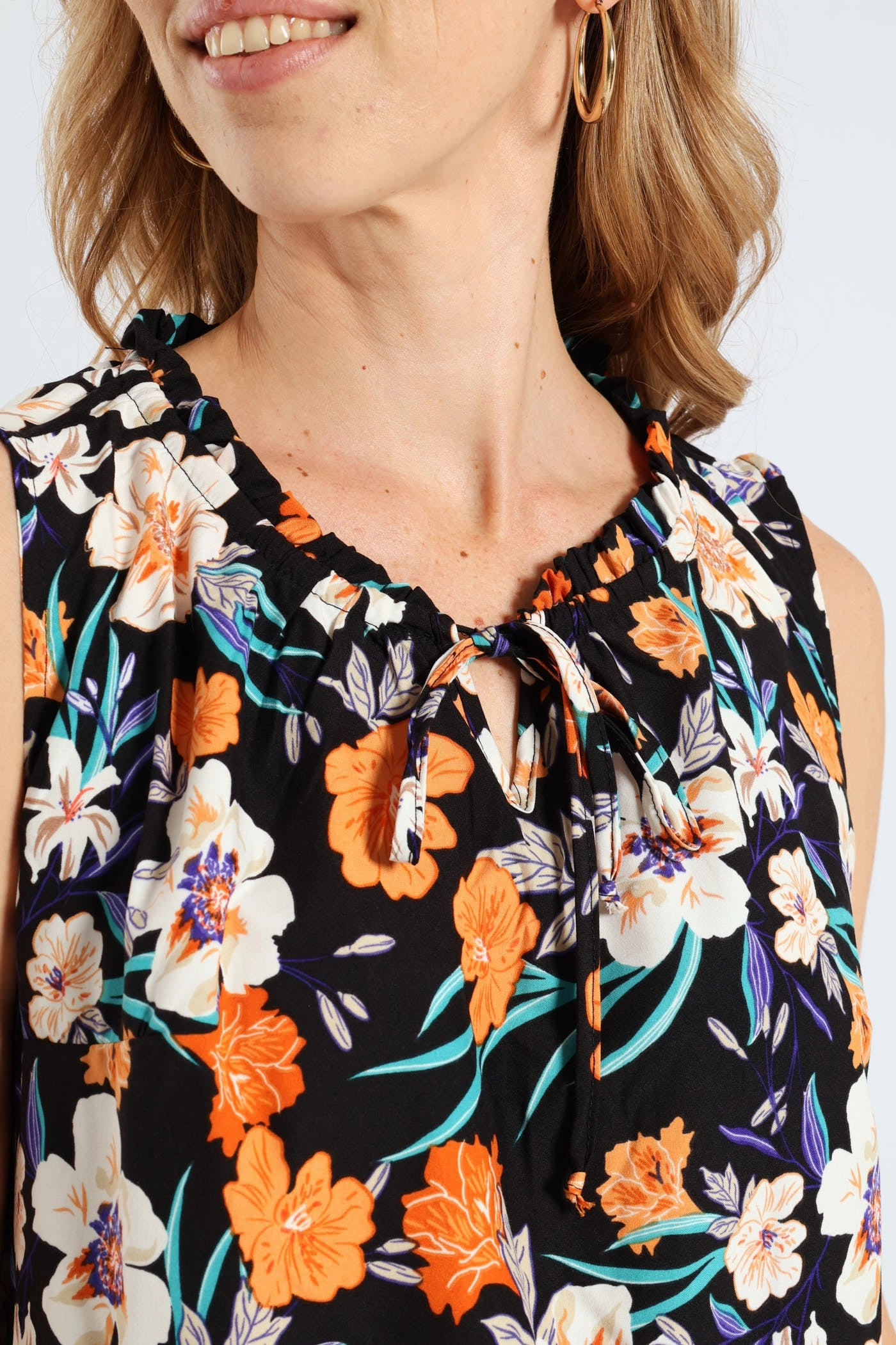 Frill Neck Drop Printed Hem Dress - Black Soft Volume