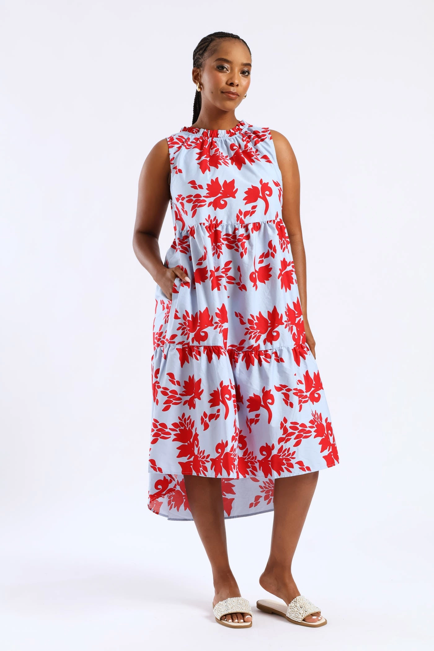 A-Line Warranty-Included Frill Neck Tiered Hilo Flared Midi Dress - Light Blue/Red