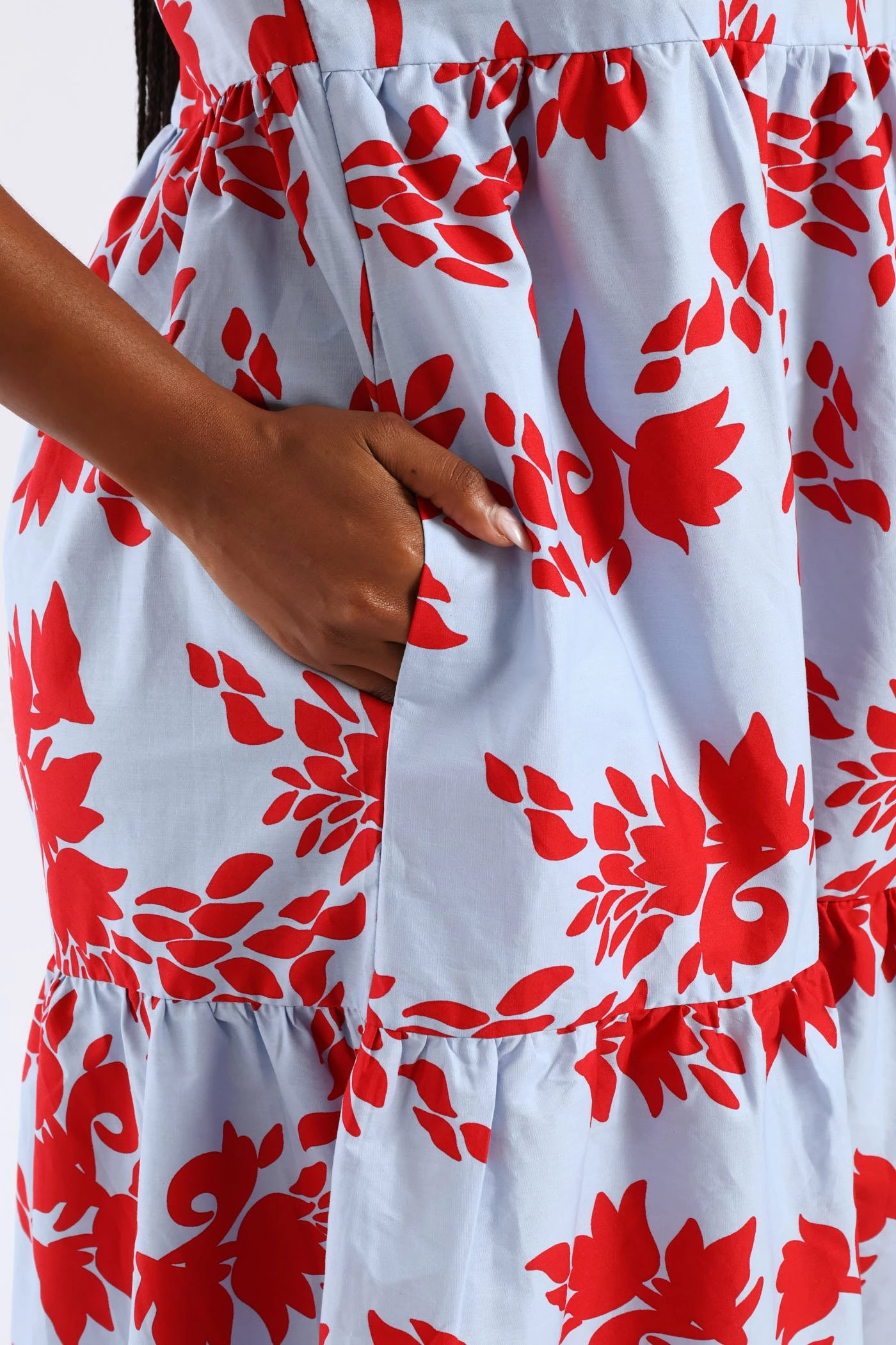 Frill Neck Tiered Hilo Flared Midi Dress - Light Blue/Red Layerable Piece