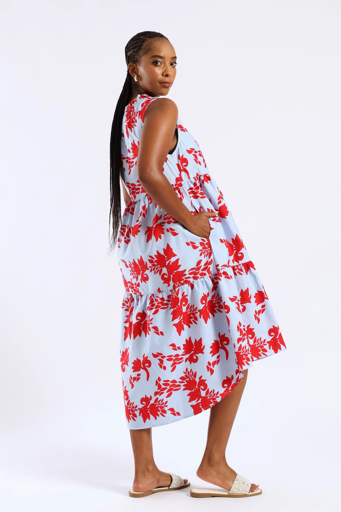 Frill Neck Tiered Hilo Flared Midi Dress - Light Blue/Red Flattering Look Wear slim fit