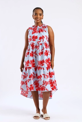 Frill Neck Tiered Hilo Flared Midi Dress - Light Blue/Red Relaxed Mood Cut-Out-Detail