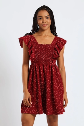 Frill Smock Mini Dress - Dark Burgandy Cut-Out-Detail