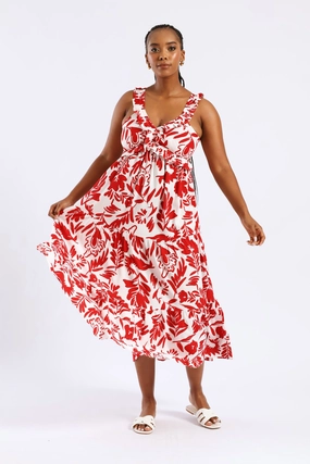 Frilly Shirred Bodice Open Back Tiered Maxi Dress - White/Red Bold Design Light Shape