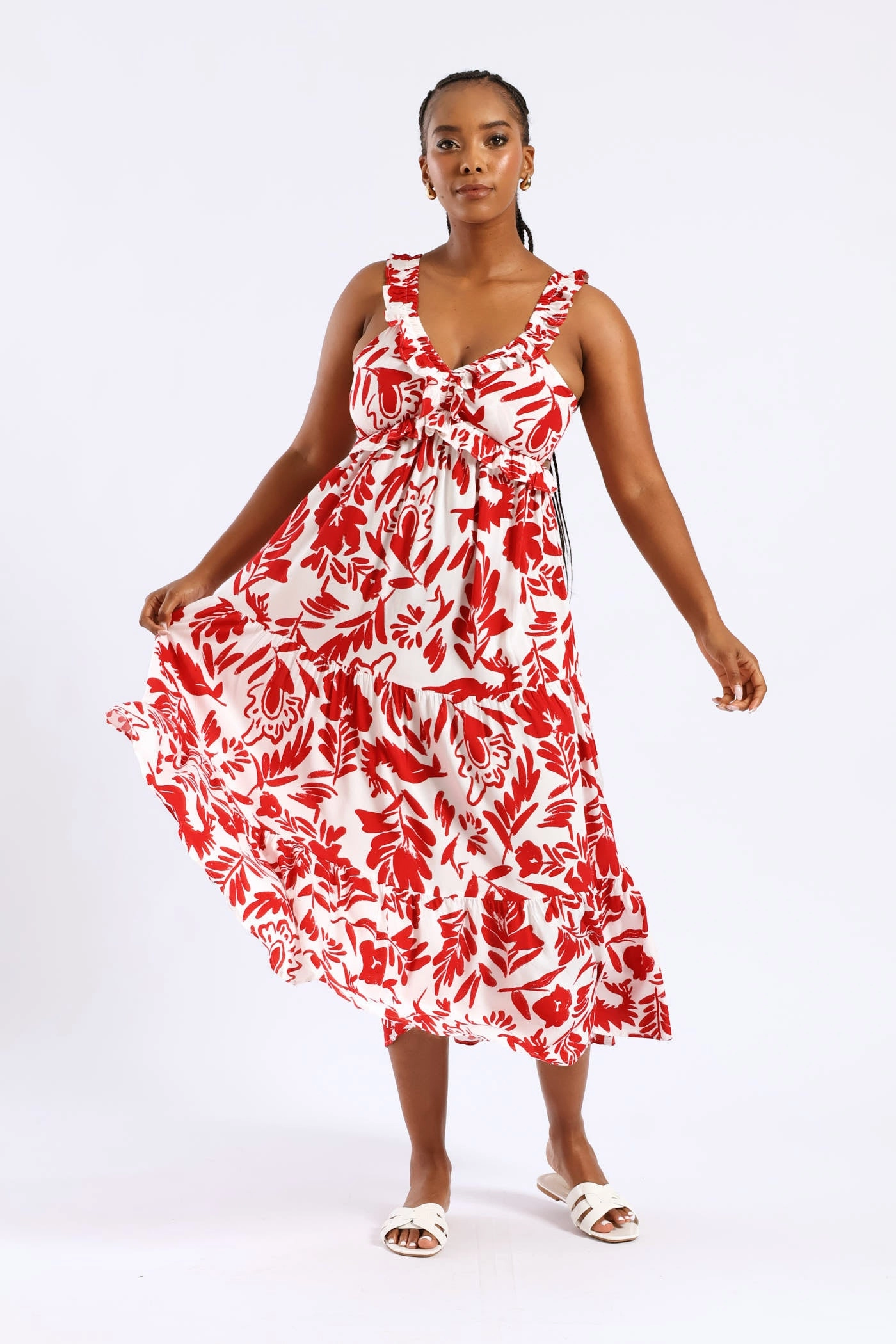 Frilly Shirred Bodice Open Back Tiered Maxi Dress - White/Red Bold Design Light Shape