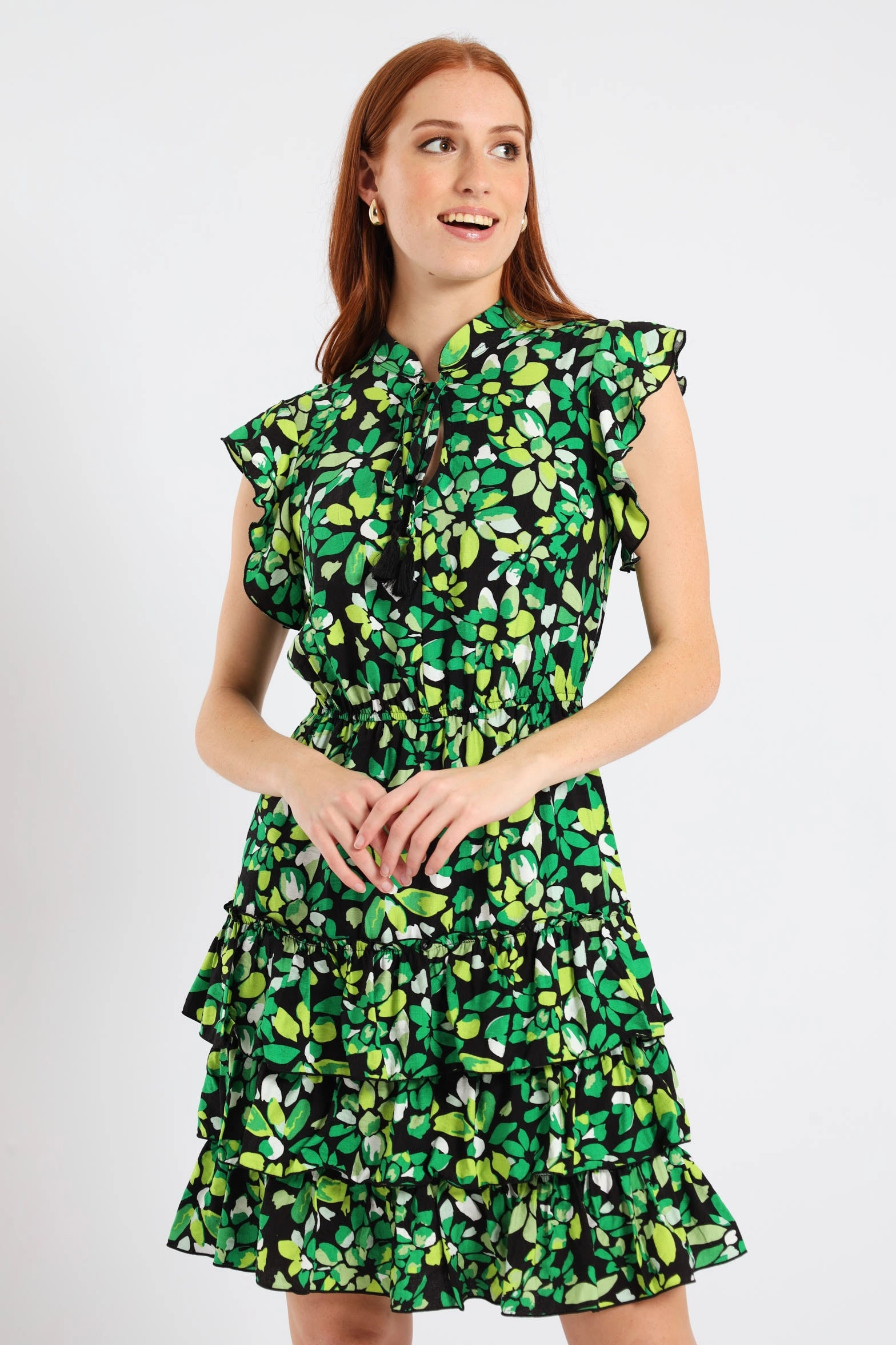 Frilly Waisted Leaf Print Mini Dress - Multi Casual Outfit