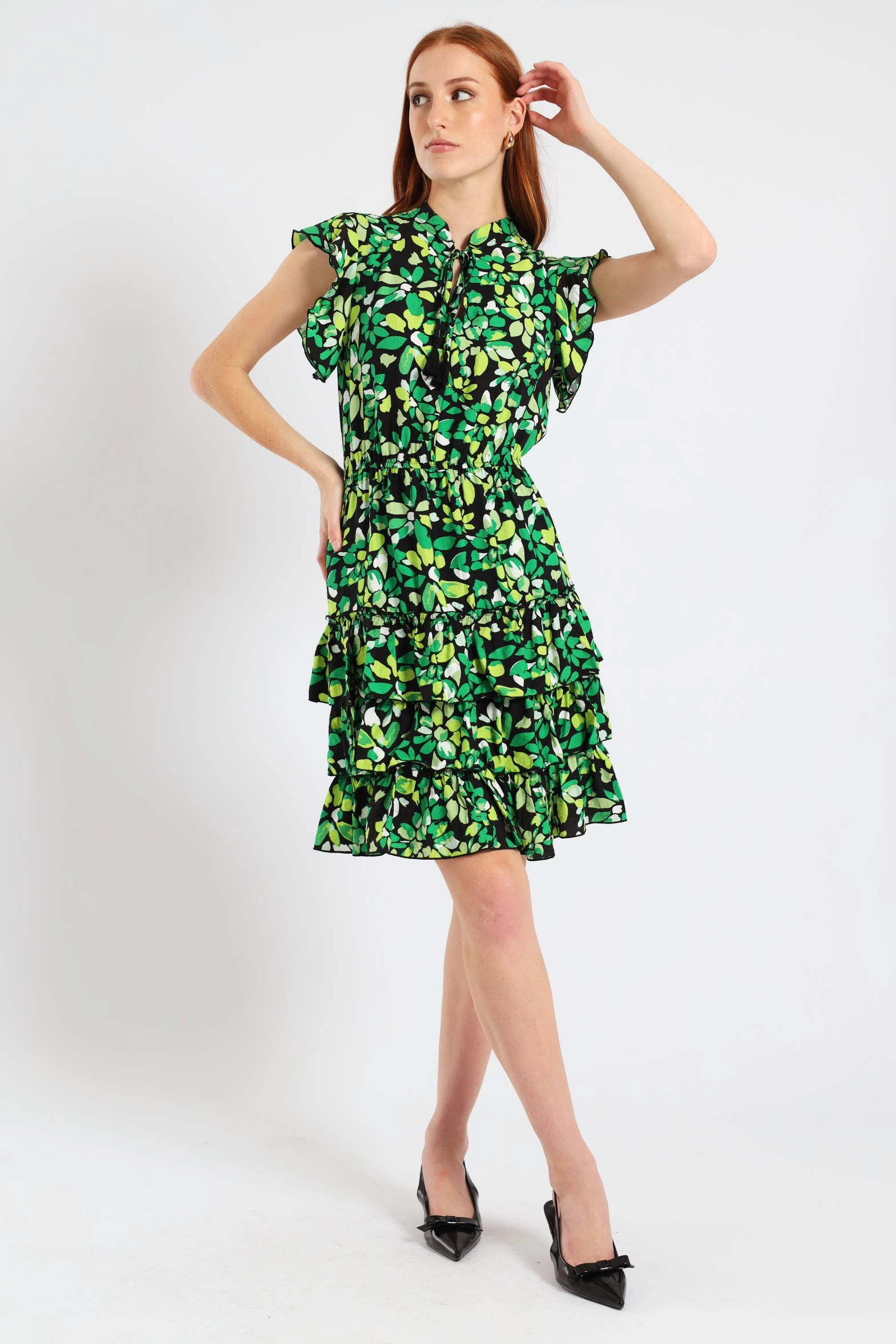 Vibrant evening gown Sunset Look Frilly Waisted Leaf Print Mini Dress - Multi