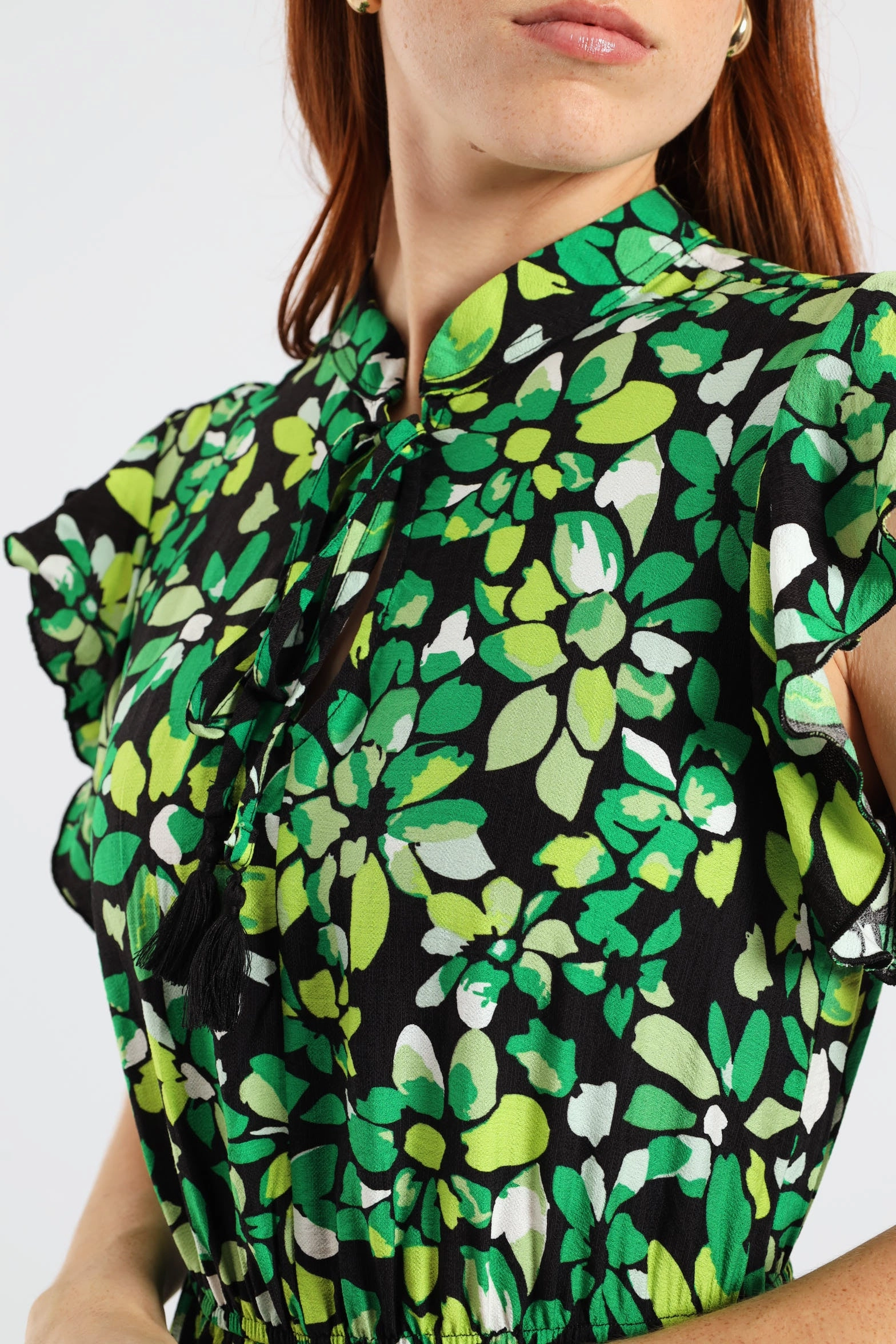 Fitted Style Frilly Waisted Leaf Print Mini Dress - Multi